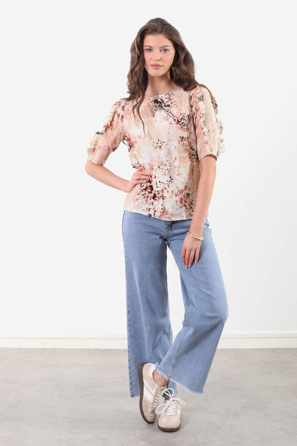 MA82270 Frill Sleeve Top Burgundy Print