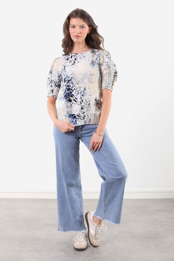 MA82270 Frill Sleeve Top Blue Print