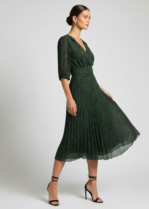 Marc Angelo Print Pleated Midi Dress in Green MA5282