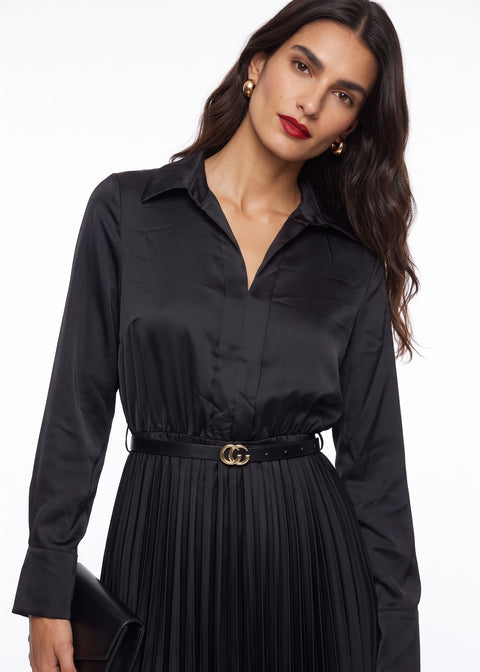 SM1726 Pleated Satin  Midi Dress in Black