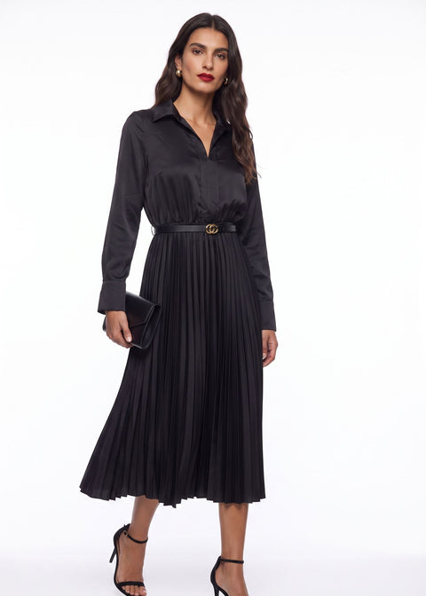 SM1726 Pleated Satin  Midi Dress in Black
