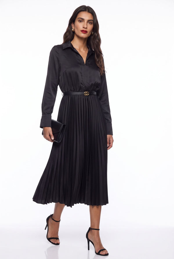 SM1726 Pleated Satin  Midi Dress in Black