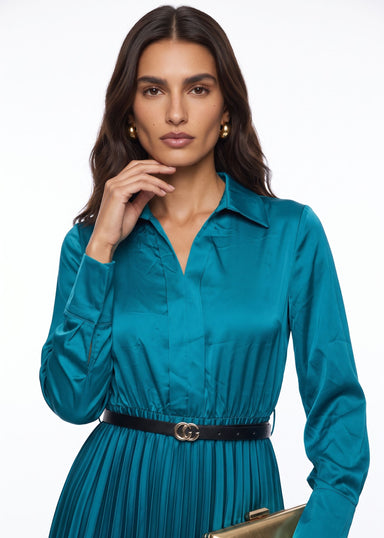 SM1726 Pleated Satin  Midi Dress in tEAL