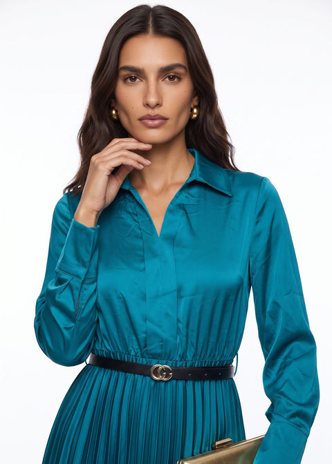 SM1726 Pleated Satin  Midi Dress in tEAL