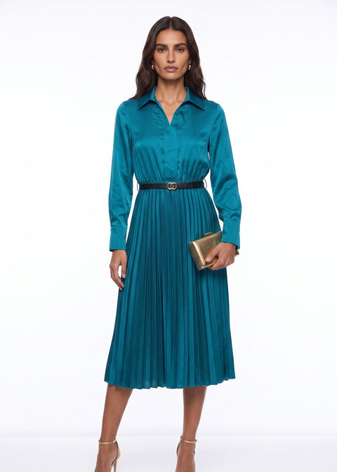 SM1726 Pleated Satin  Midi Dress in tEAL