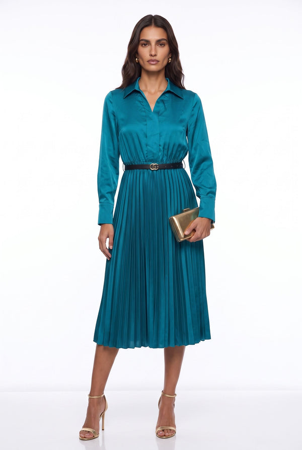 SM1726 Pleated Satin  Midi Dress in tEAL