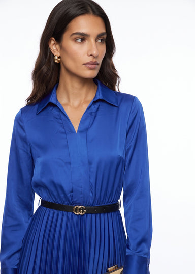 SM1726 Pleated Satin  Midi Dress in BLUE
