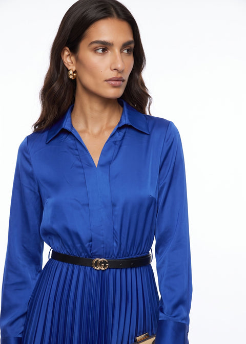 SM1726 Pleated Satin  Midi Dress in BLUE