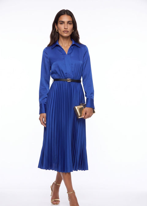 SM1726 Pleated Satin  Midi Dress in BLUE