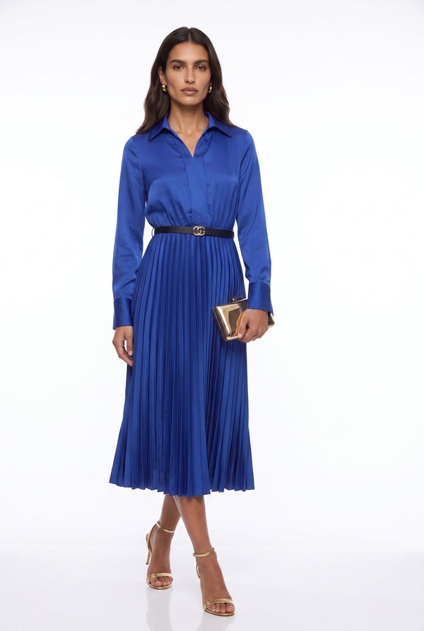 SM1726 Pleated Satin  Midi Dress in BLUE