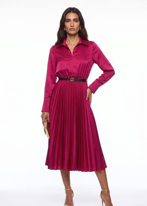 SM1726 Pleated Satin  Midi Dress in RED