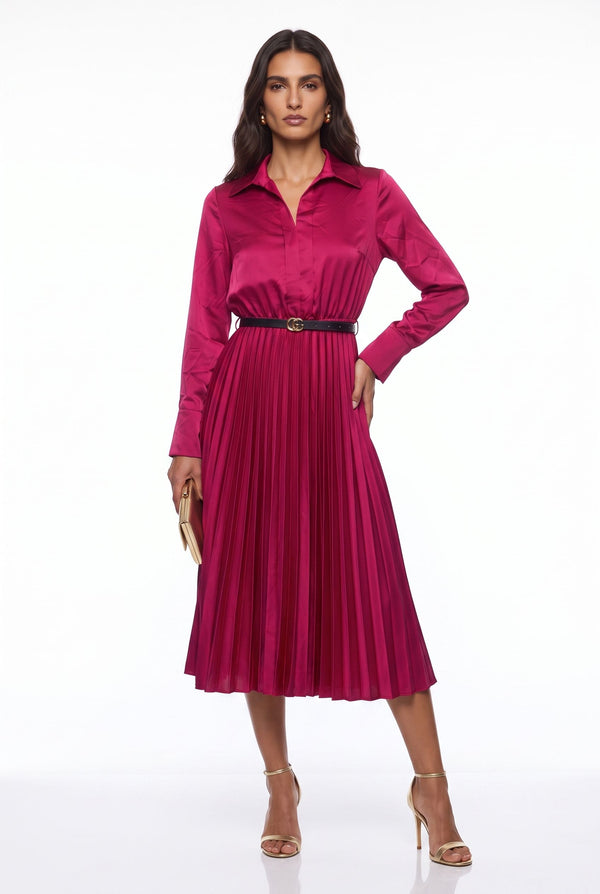 SM1726 Pleated Satin  Midi Dress in RED