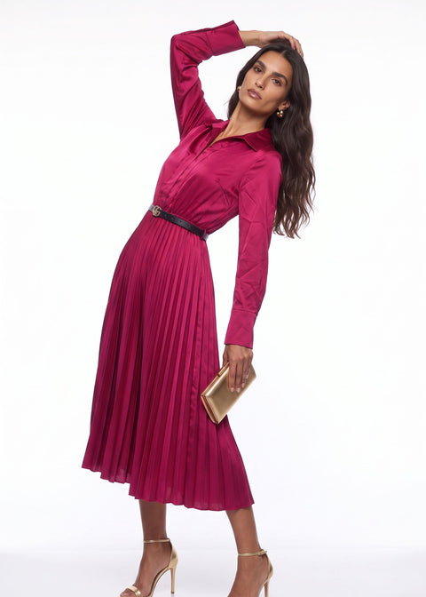 SM1726 Pleated Satin  Midi Dress in RED