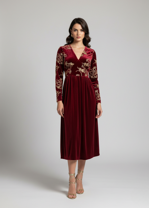 Marc Angelo VELVET Midi Dress MA81188 BLURGUNDY