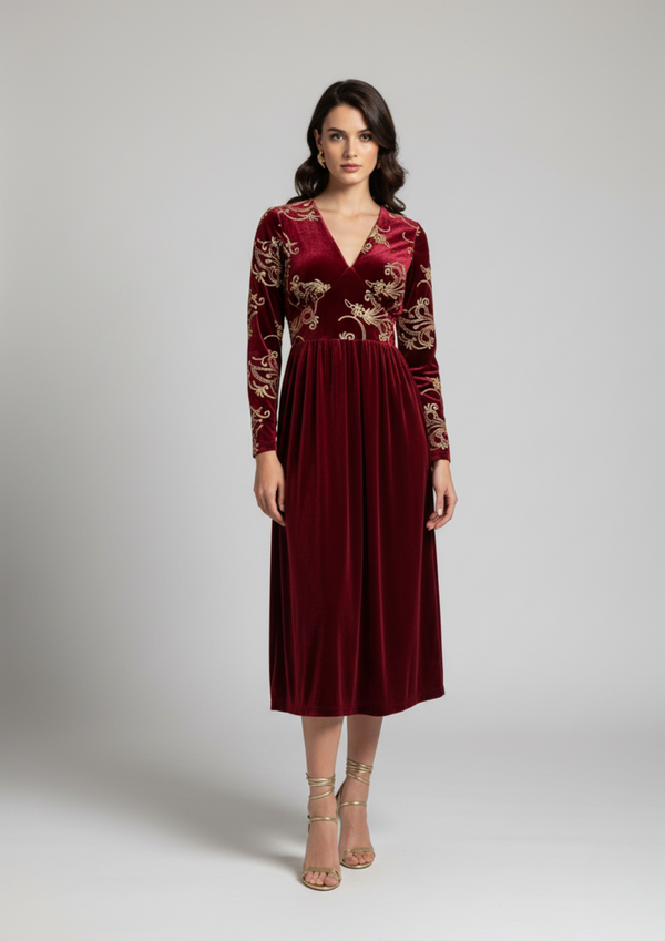Marc Angelo VELVET Midi Dress MA81188 BLURGUNDY