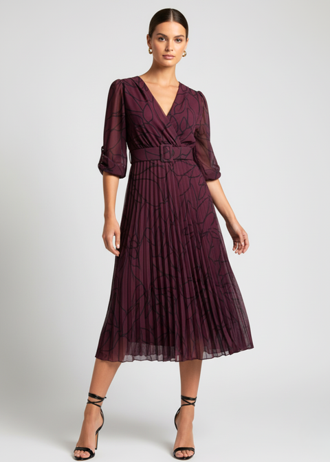 Marc Angelo Print Pleated Midi Dress in Plum MA5282