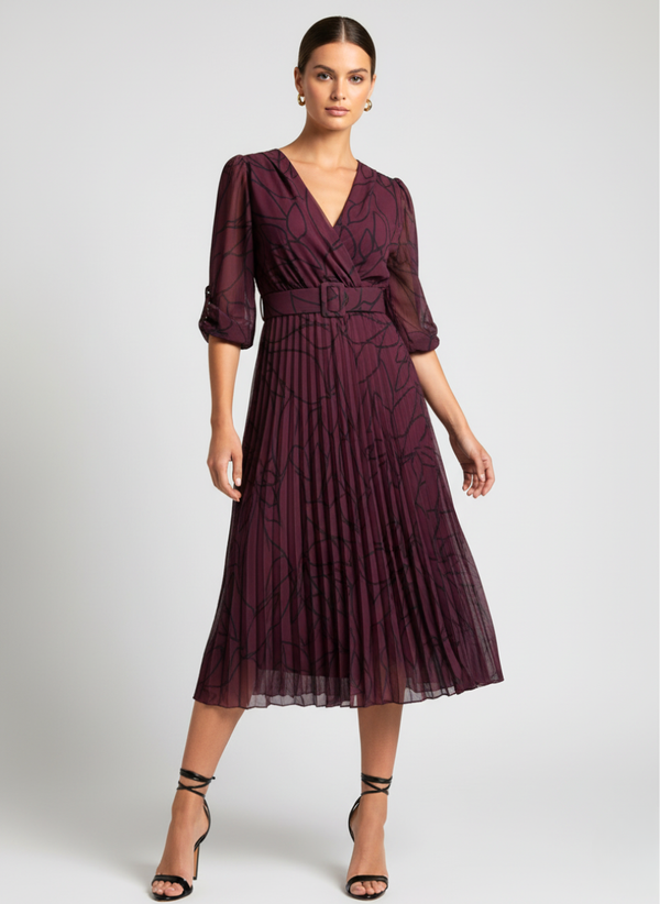 Marc Angelo Print Pleated Midi Dress in Plum MA5282