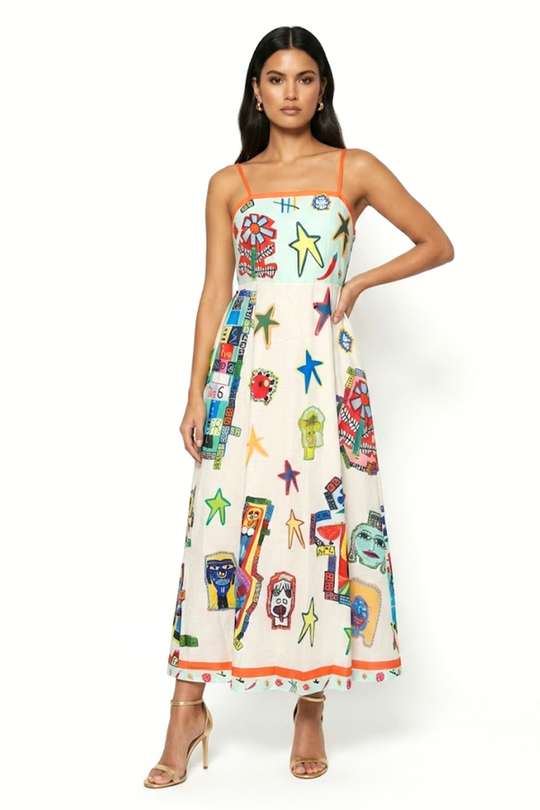 MA81355-D445 Whimsical Doodle-Print Cami Maxi Dress - Marc Angelo