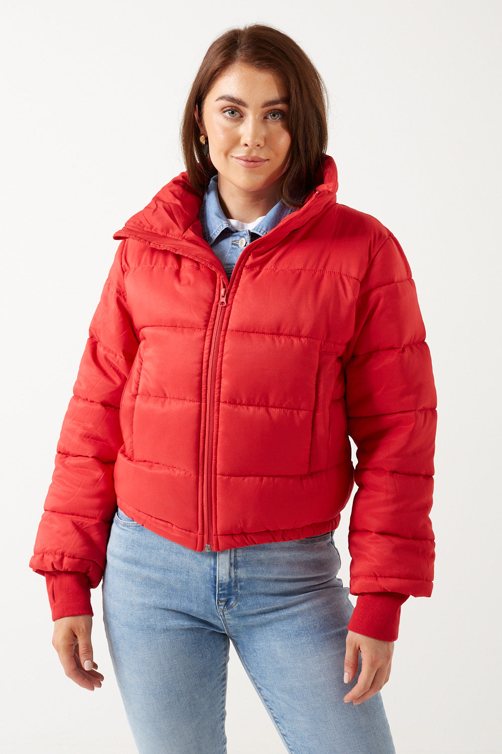 Red short puffer clearance coat