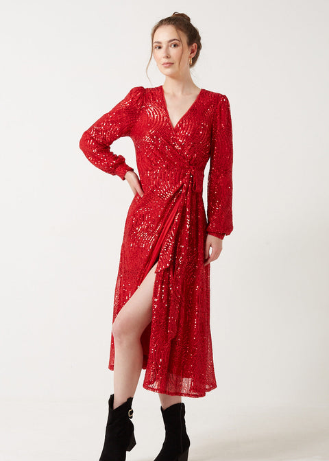 Marc Angelo Sequin Wrap Midi Dress