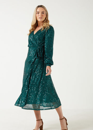 Marc Angelo Sequin Wrap Midi Dress