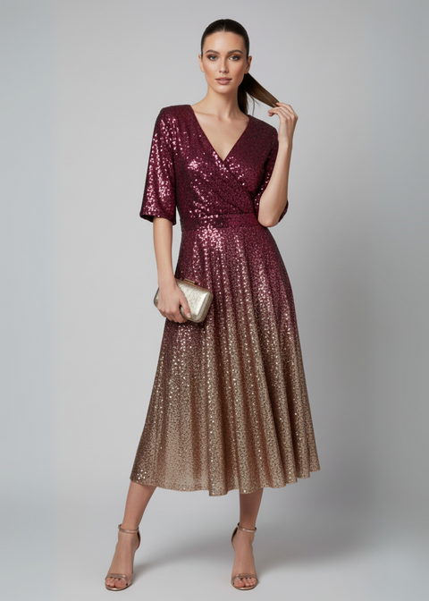 Marc Angelo Sequin Midi Dress MA51338 BERRY