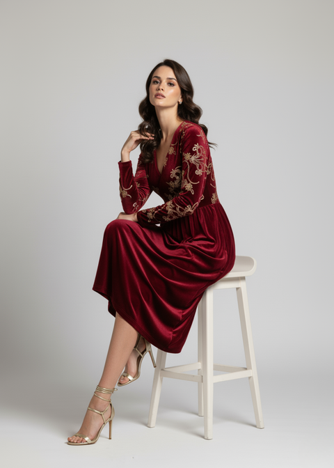 Marc Angelo VELVET Midi Dress MA81188 BLURGUNDY