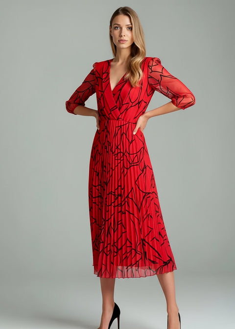 Marc Angelo Print Pleated Midi Dress in Red MA5282