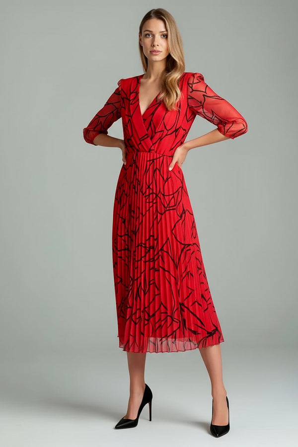Marc Angelo Print Pleated Midi Dress in Red MA5282