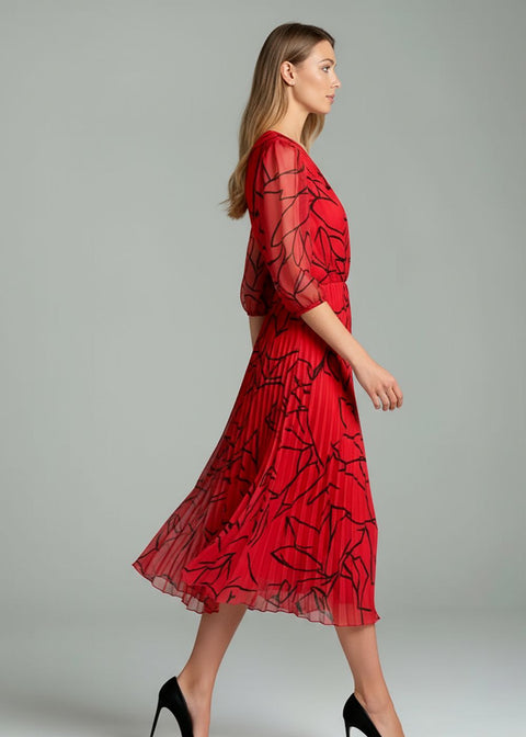 Marc Angelo Print Pleated Midi Dress in Red MA5282