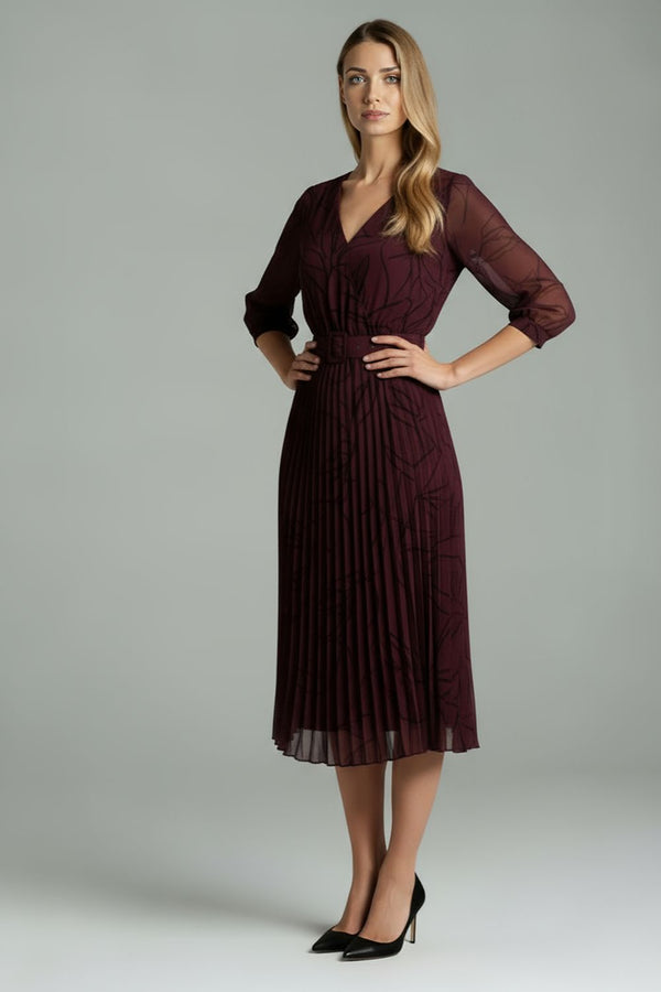 Marc Angelo Print Pleated Midi Dress in Plum MA5282