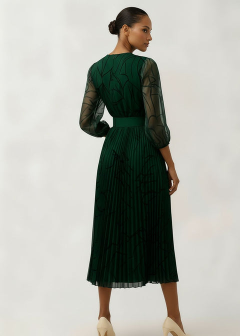 Marc Angelo Print Pleated Midi Dress in Green MA5282