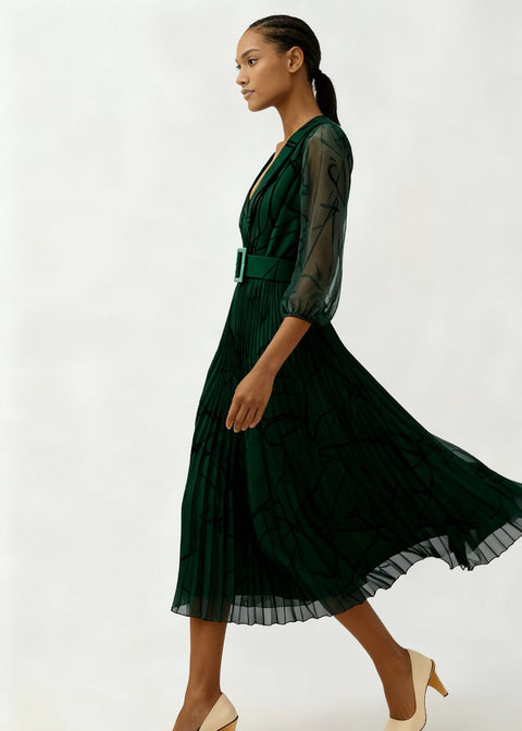 Marc Angelo Print Pleated Midi Dress in Green MA5282