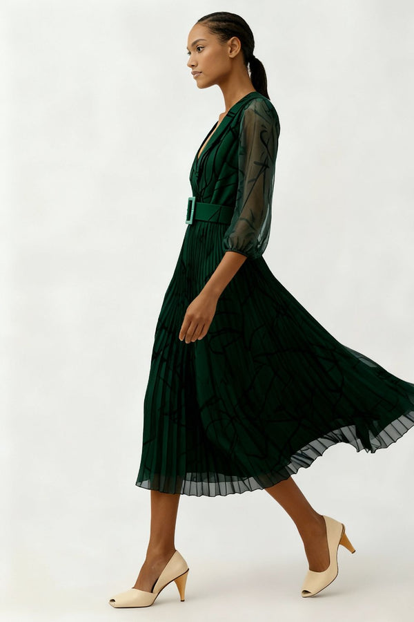 Marc Angelo Print Pleated Midi Dress in Green MA5282