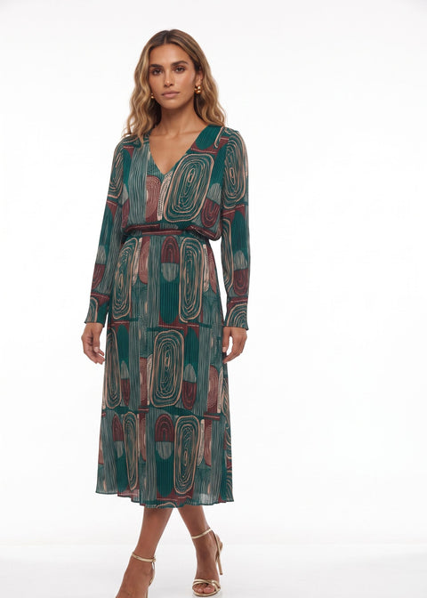 MA5837 Pleated V-Neck Midi Dress EMERALD GREEN