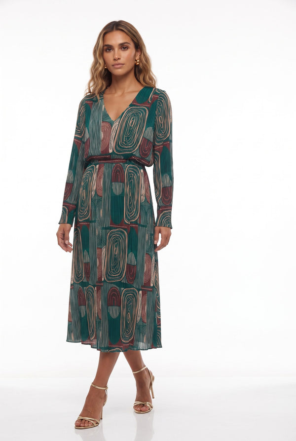 MA5837 Pleated V-Neck Midi Dress EMERALD GREEN