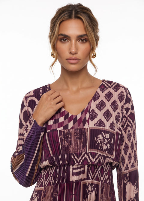MA5837 Pleated V-Neck Midi Dress Purple + Plum