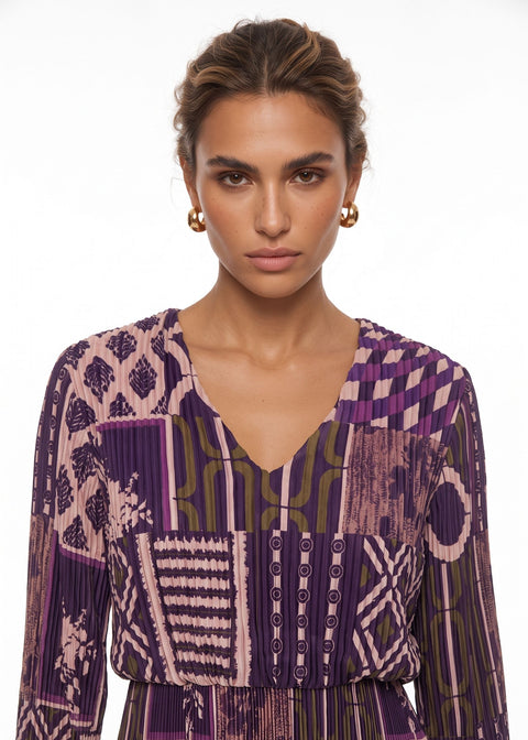 MA5837 Pleated V-Neck Midi Dress Purple + Pink