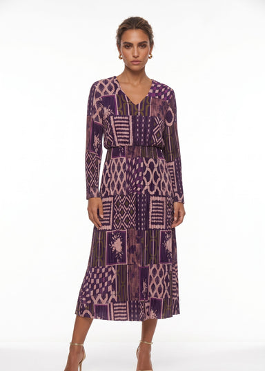 MA5837 Pleated V-Neck Midi Dress Purple + Pink - Marc Angelo