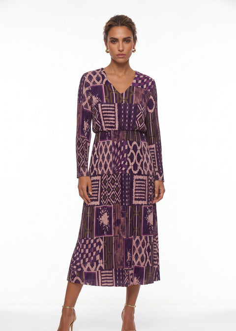 MA5837 Pleated V-Neck Midi Dress Purple + Pink