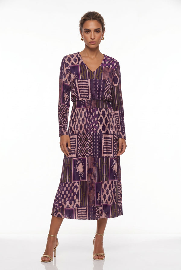 MA5837 Pleated V-Neck Midi Dress Purple + Pink