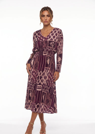 MA5837 Pleated V-Neck Midi Dress Purple + Plum - Marc Angelo