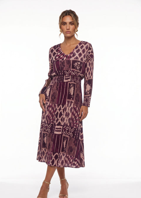 MA5837 Pleated V-Neck Midi Dress Purple + Plum