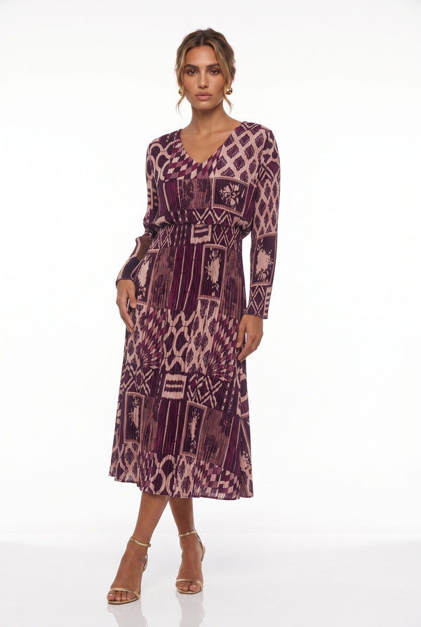MA5837 Pleated V-Neck Midi Dress Purple + Plum