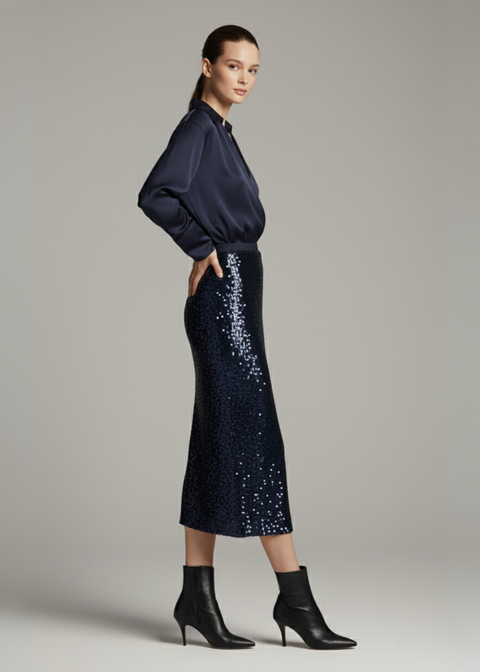 Marc Angelo SEQUIN MIDI SKIRT MA33213 NAVY