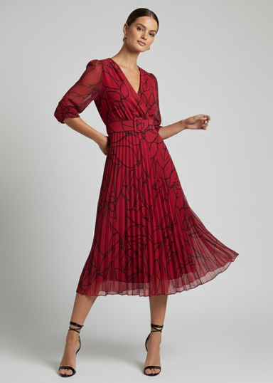 Marc Angelo Print Pleated Midi Dress in Red MA5282