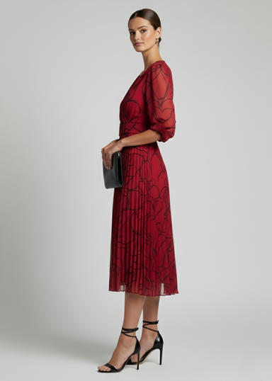 Marc Angelo Print Pleated Midi Dress in Red MA5282
