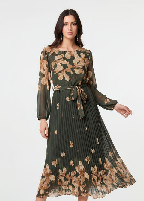 Marc Angelo Pleated Midi Dress in khaki
