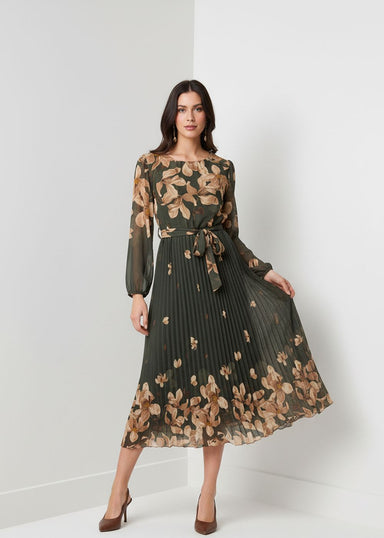 Marc Angelo Pleated Midi Dress in khaki MA7451