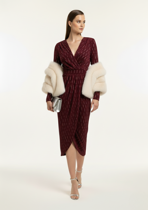 Marc Angelo VELVET Midi Dress MA8131 BURGUNDY